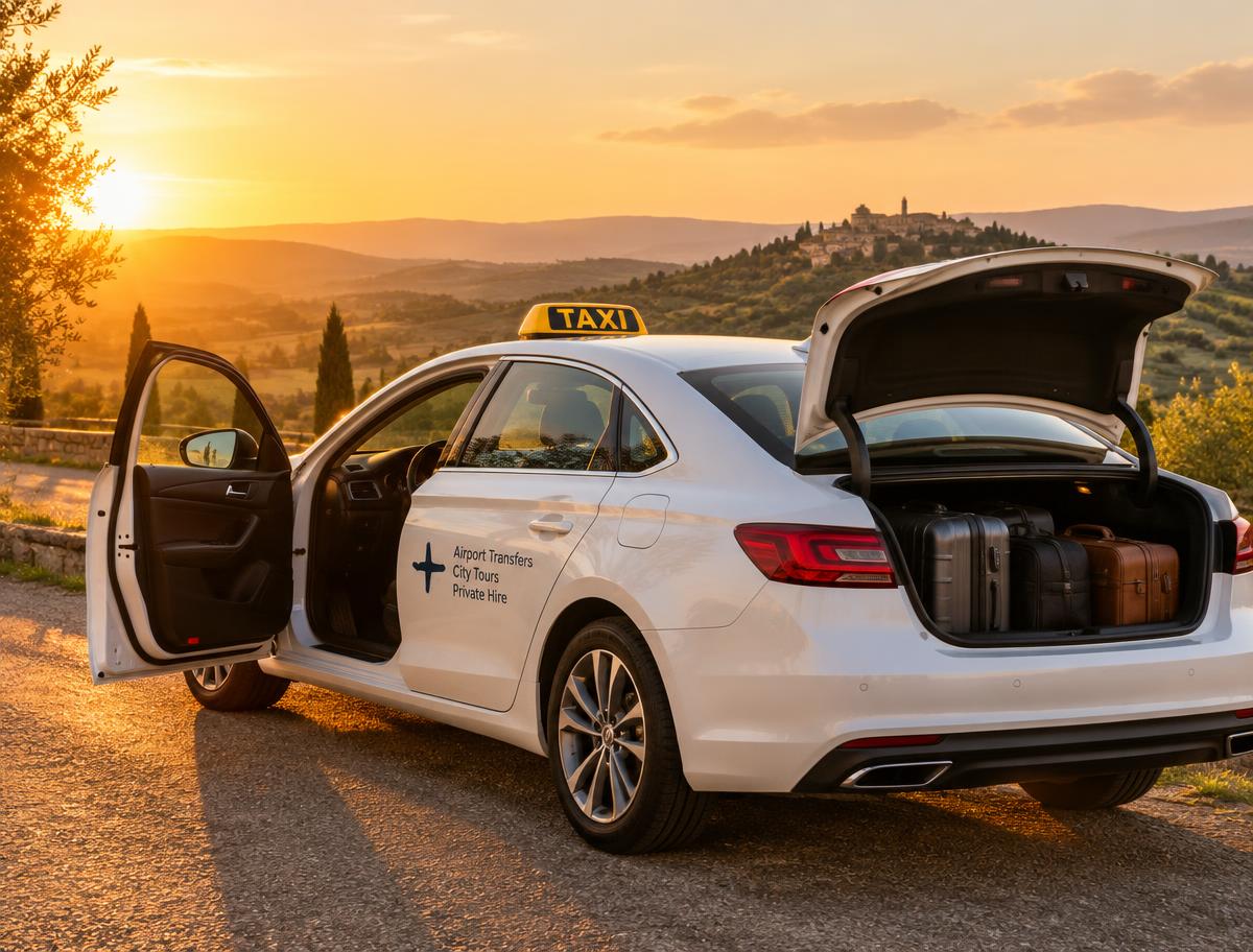 A white cab with the boot packed with luggage, ready for a pickup at golden hour