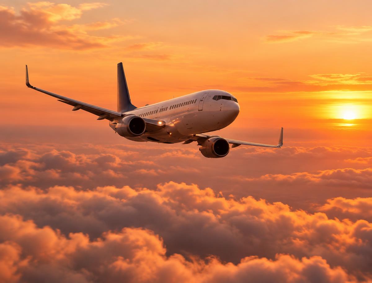A passenger plane cruising above golden sunset clouds