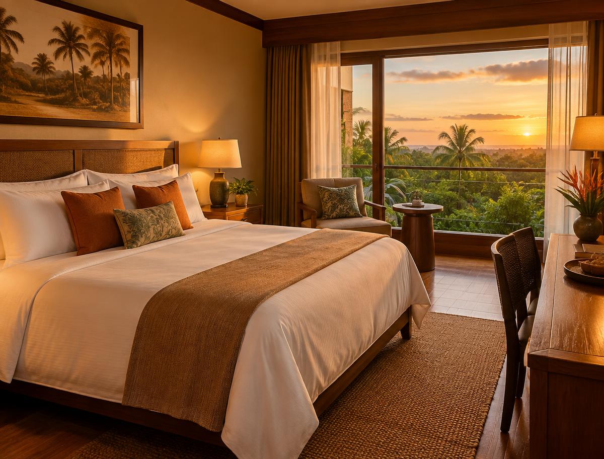 A warmly lit hotel room with a made bed and a sunset view over palm trees