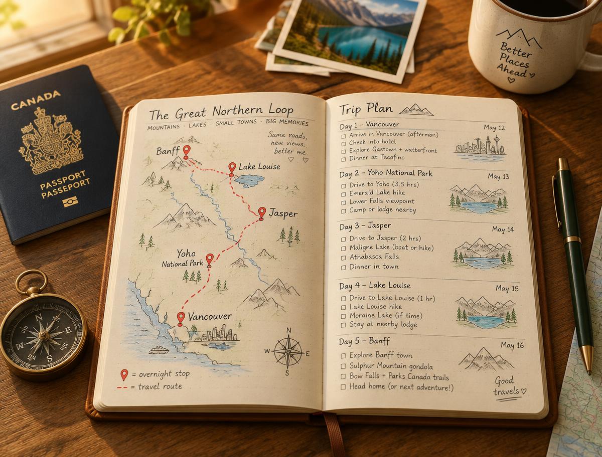 A hand-drawn day-by-day trip plan with a route map in an open travel notebook