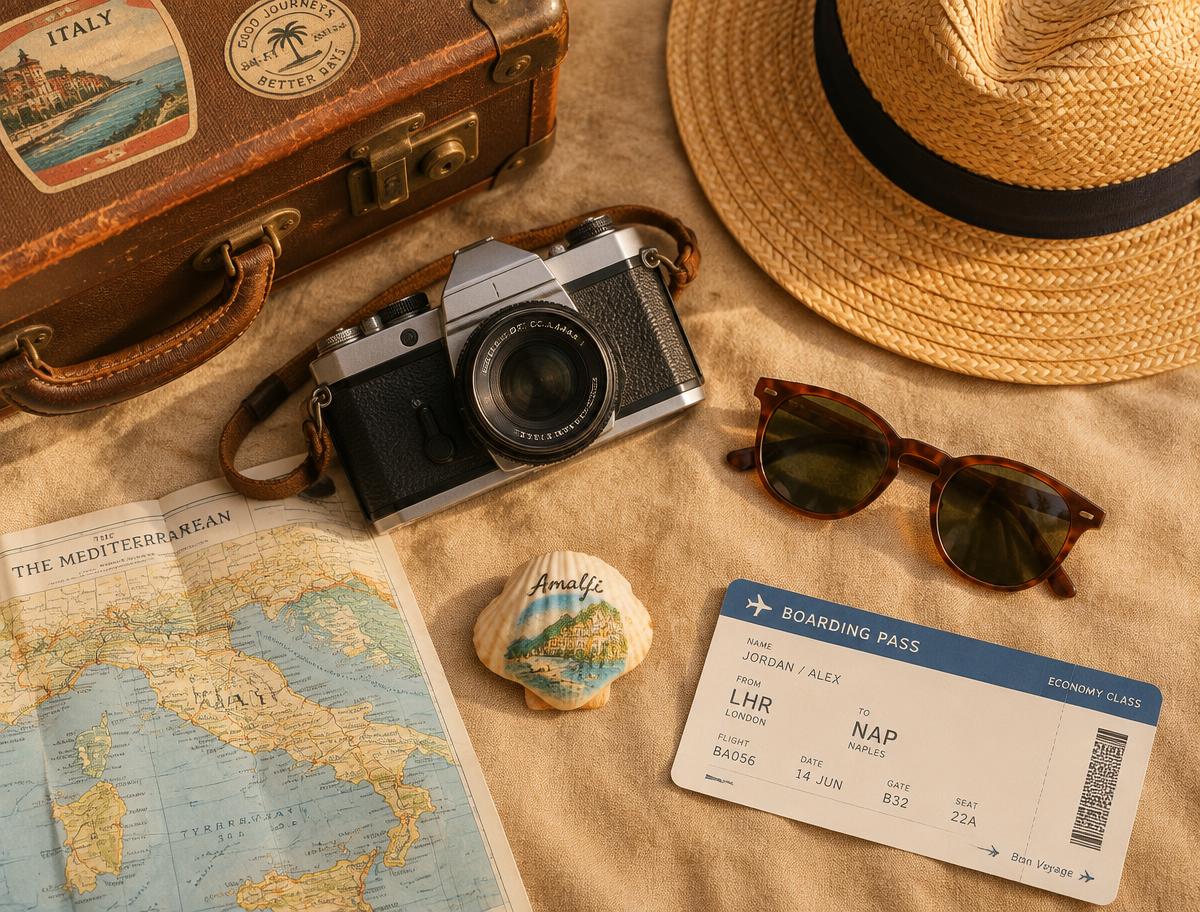 Curated holiday essentials—suitcase, camera and boarding pass—laid out for a complete trip